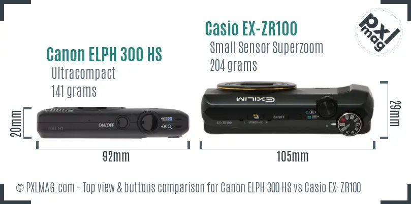 Canon ELPH 300 HS vs Casio EX-ZR100 top view buttons comparison Canon ELPH 300 HS vs Casio EX-ZR100 top view buttons comparison
