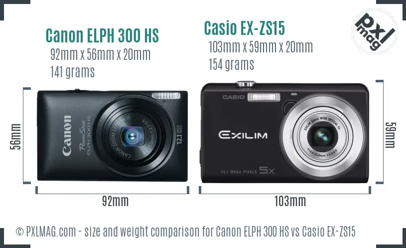 Canon ELPH 300 HS vs Casio EX-ZS15 size comparison