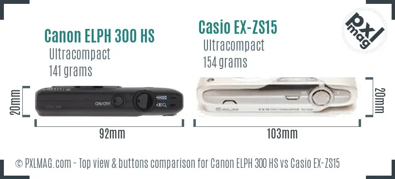 Canon ELPH 300 HS vs Casio EX-ZS15 top view buttons comparison