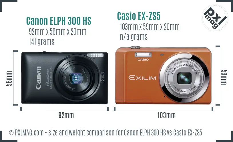 Canon ELPH 300 HS vs Casio EX-ZS5 size comparison