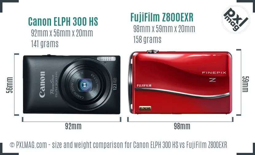 Canon ELPH 300 HS vs FujiFilm Z800EXR size comparison