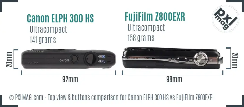 Canon ELPH 300 HS vs FujiFilm Z800EXR top view buttons comparison