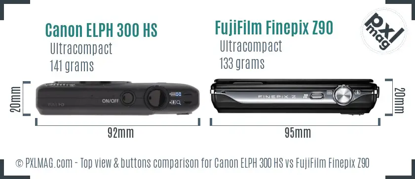 Canon ELPH 300 HS vs FujiFilm Finepix Z90 top view buttons comparison