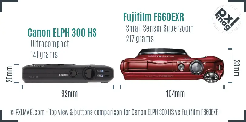 Canon ELPH 300 HS vs Fujifilm F660EXR top view buttons comparison