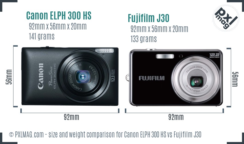 Canon ELPH 300 HS vs Fujifilm J30 size comparison