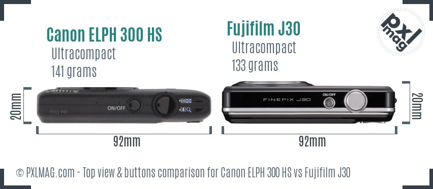 Canon ELPH 300 HS vs Fujifilm J30 top view buttons comparison