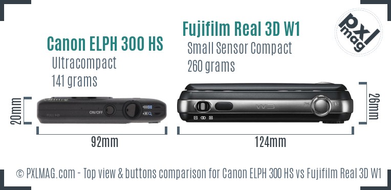 Canon ELPH 300 HS vs Fujifilm Real 3D W1 top view buttons comparison