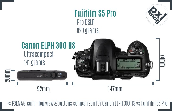 Canon ELPH 300 HS vs Fujifilm S5 Pro top view buttons comparison
