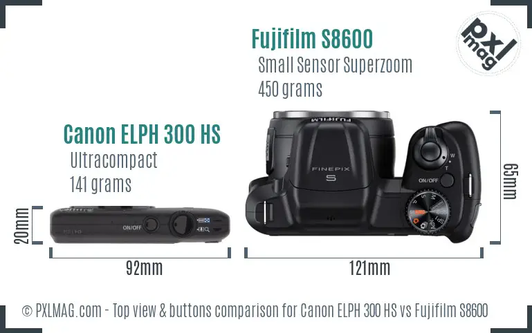Canon ELPH 300 HS vs Fujifilm S8600 top view buttons comparison