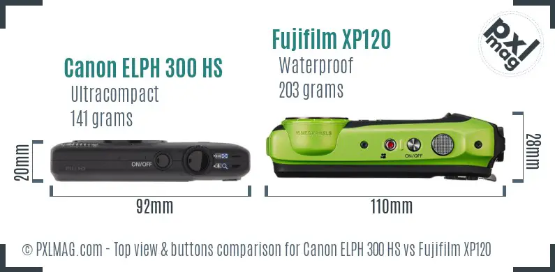 Canon ELPH 300 HS vs Fujifilm XP120 top view buttons comparison