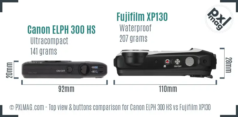 Canon ELPH 300 HS vs Fujifilm XP130 top view buttons comparison