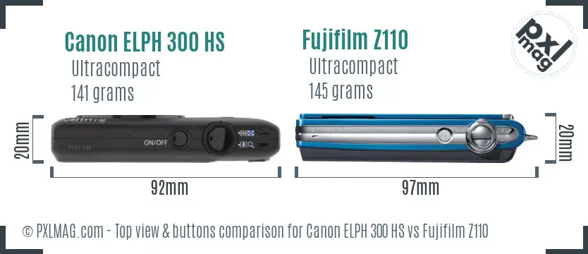 Canon ELPH 300 HS vs Fujifilm Z110 top view buttons comparison