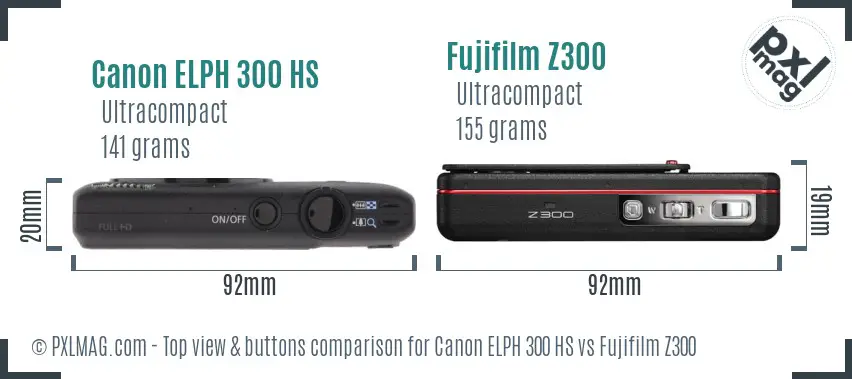 Canon ELPH 300 HS vs Fujifilm Z300 top view buttons comparison