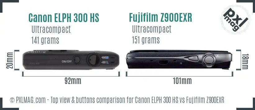 Canon ELPH 300 HS vs Fujifilm Z900EXR top view buttons comparison