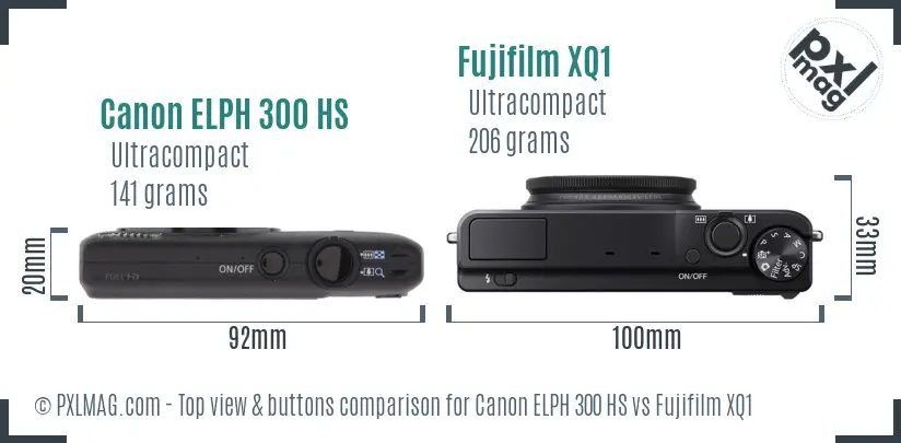 Canon ELPH 300 HS vs Fujifilm XQ1 top view buttons comparison