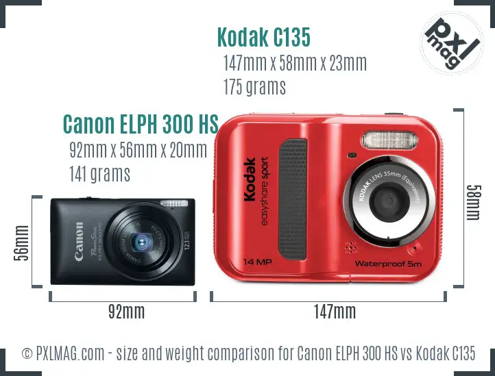 Canon ELPH 300 HS vs Kodak C135 size comparison