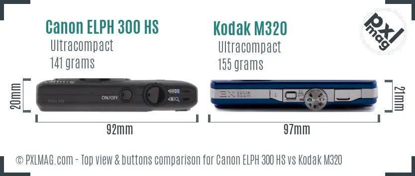 Canon ELPH 300 HS vs Kodak M320 top view buttons comparison