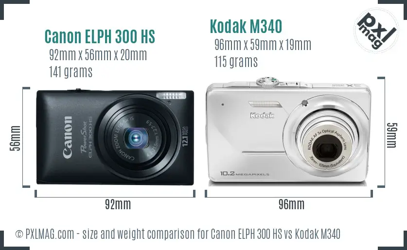 Canon ELPH 300 HS vs Kodak M340 size comparison