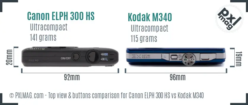 Canon ELPH 300 HS vs Kodak M340 top view buttons comparison