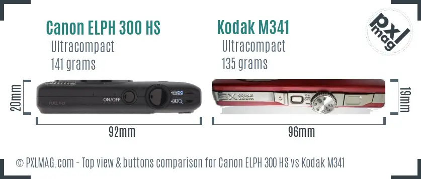 Canon ELPH 300 HS vs Kodak M341 top view buttons comparison