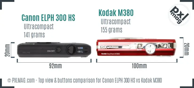 Canon ELPH 300 HS vs Kodak M380 top view buttons comparison