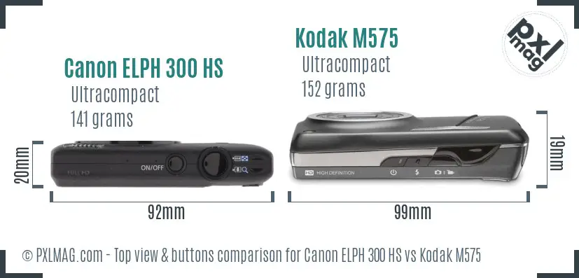 Canon ELPH 300 HS vs Kodak M575 top view buttons comparison