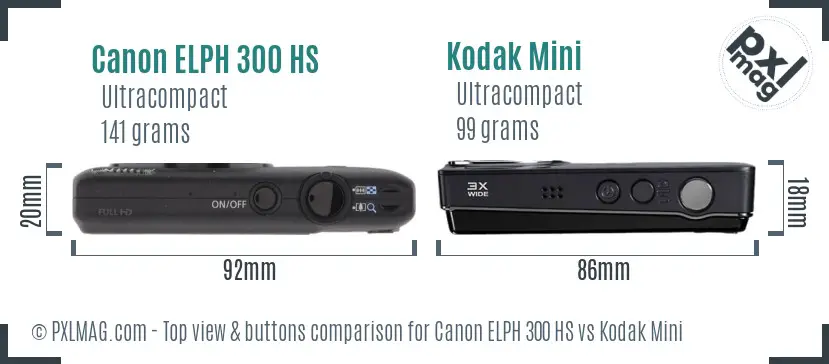 Canon ELPH 300 HS vs Kodak Mini top view buttons comparison Canon ELPH 300 HS vs Kodak Mini top view buttons comparison