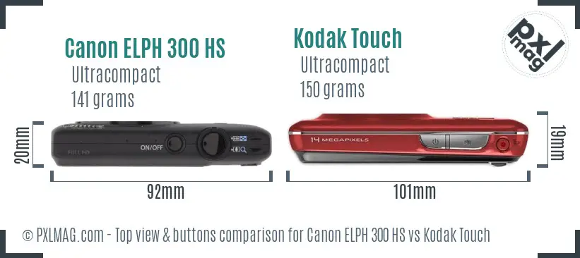 Canon ELPH 300 HS vs Kodak Touch top view buttons comparison