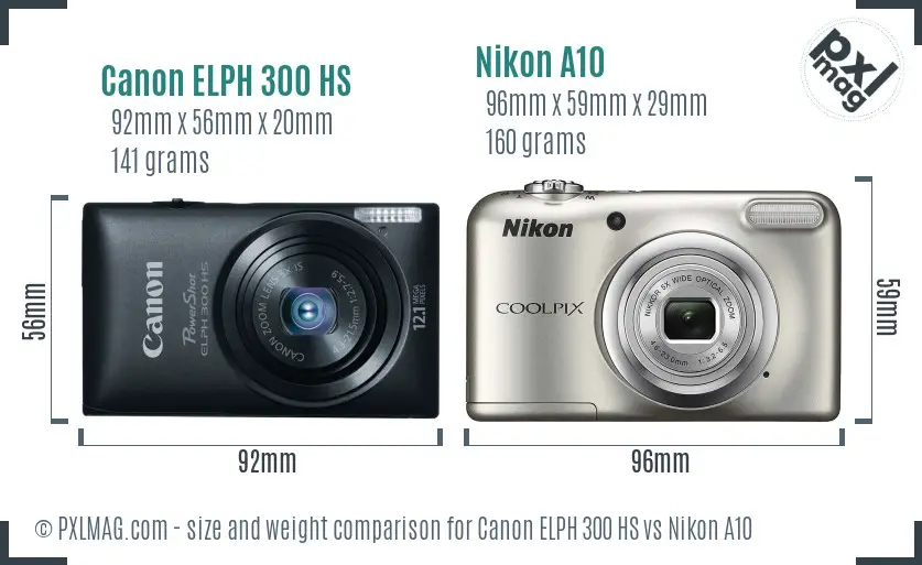 Canon ELPH 300 HS vs Nikon A10 size comparison