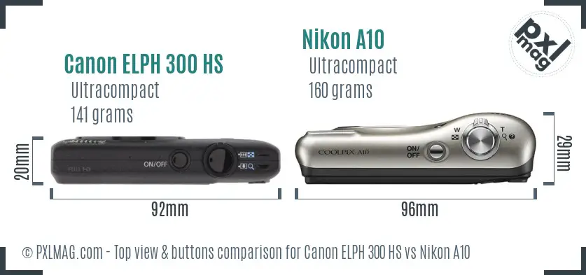 Canon ELPH 300 HS vs Nikon A10 top view buttons comparison
