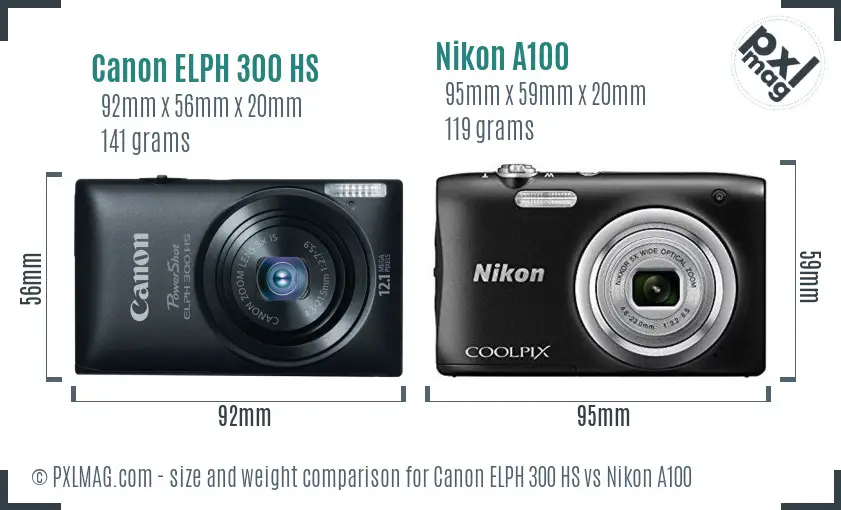 Canon ELPH 300 HS vs Nikon A100 size comparison