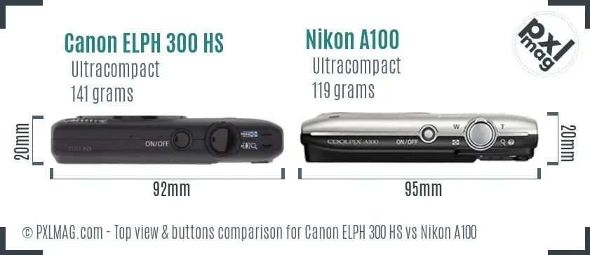 Canon ELPH 300 HS vs Nikon A100 top view buttons comparison