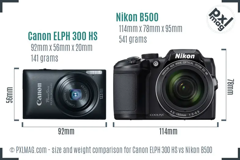 Canon ELPH 300 HS vs Nikon B500 size comparison