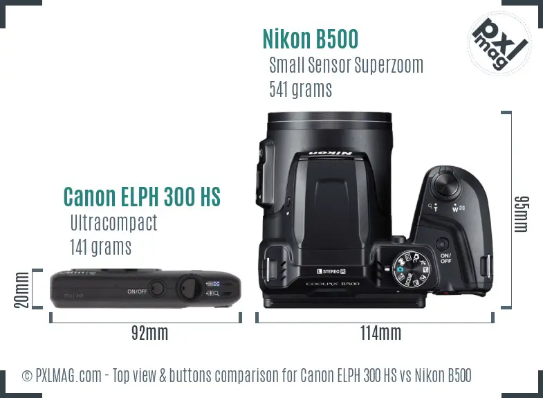 Canon ELPH 300 HS vs Nikon B500 top view buttons comparison