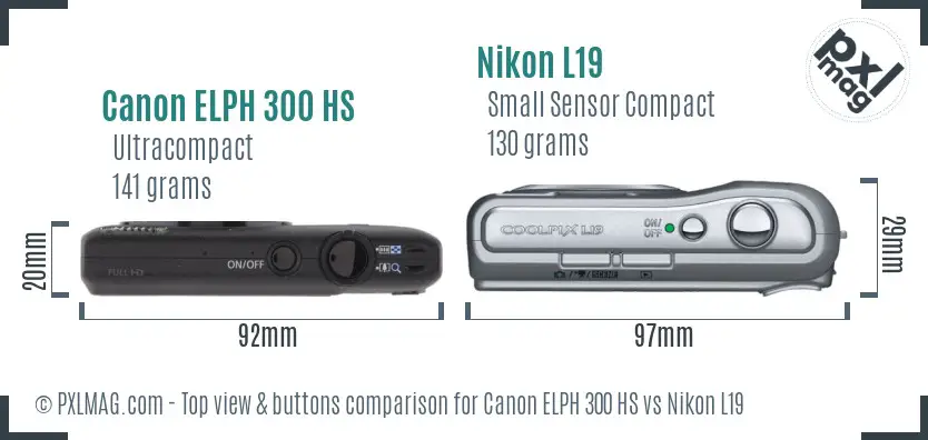 Canon ELPH 300 HS vs Nikon L19 top view buttons comparison