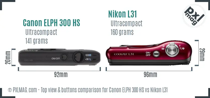 Canon ELPH 300 HS vs Nikon L31 top view buttons comparison