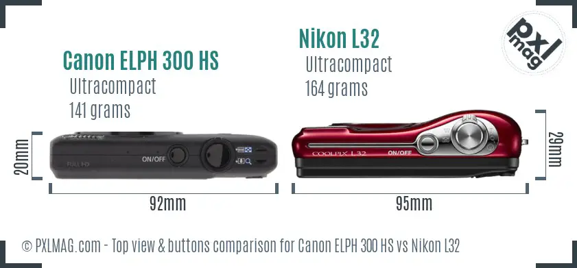 Canon ELPH 300 HS vs Nikon L32 top view buttons comparison