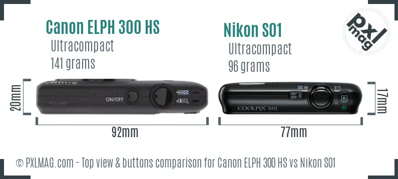 Canon ELPH 300 HS vs Nikon S01 top view buttons comparison