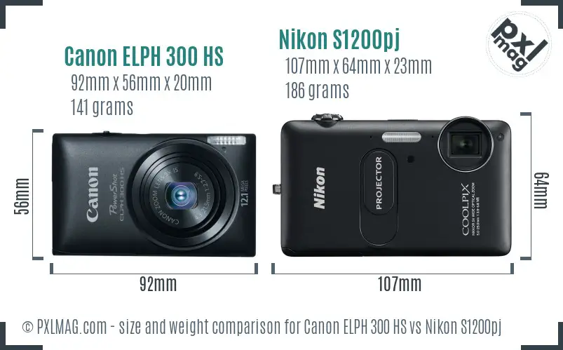 Canon ELPH 300 HS vs Nikon S1200pj size comparison