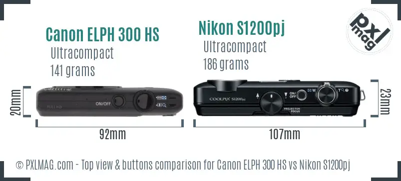 Canon ELPH 300 HS vs Nikon S1200pj top view buttons comparison