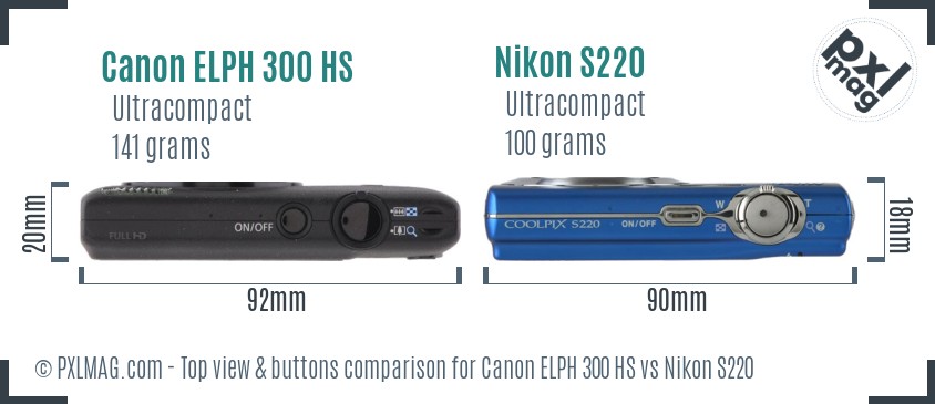 Canon ELPH 300 HS vs Nikon S220 top view buttons comparison