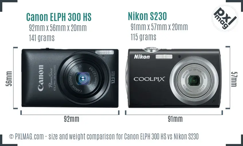 Canon ELPH 300 HS vs Nikon S230 size comparison