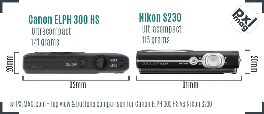 Canon ELPH 300 HS vs Nikon S230 top view buttons comparison