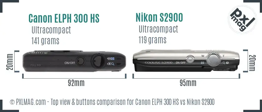 Canon ELPH 300 HS vs Nikon S2900 top view buttons comparison