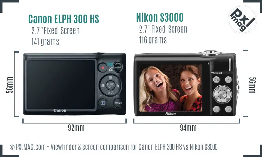 Canon ELPH 300 HS vs Nikon S3000 Screen and Viewfinder comparison