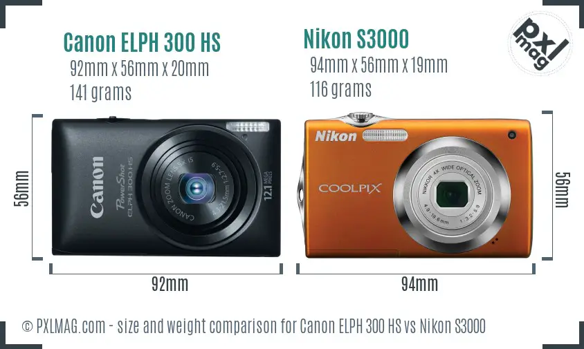 Canon ELPH 300 HS vs Nikon S3000 size comparison