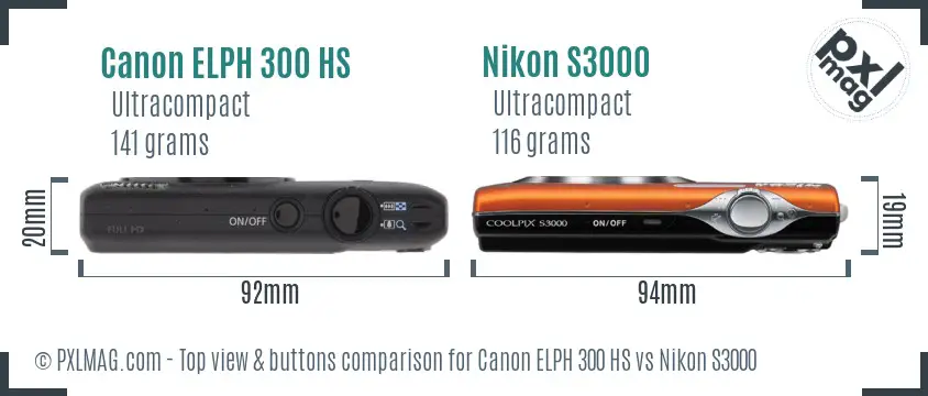 Canon ELPH 300 HS vs Nikon S3000 top view buttons comparison