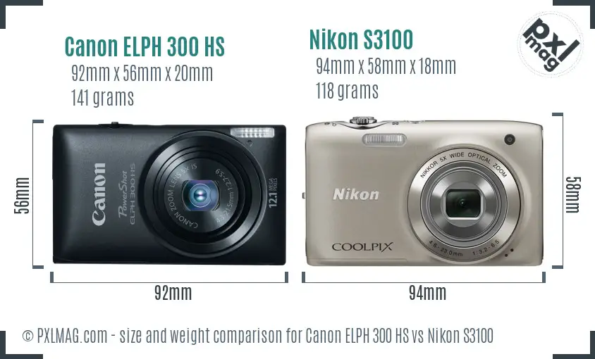 Canon ELPH 300 HS vs Nikon S3100 size comparison