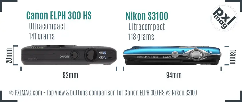 Canon ELPH 300 HS vs Nikon S3100 top view buttons comparison