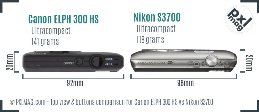 Canon ELPH 300 HS vs Nikon S3700 top view buttons comparison